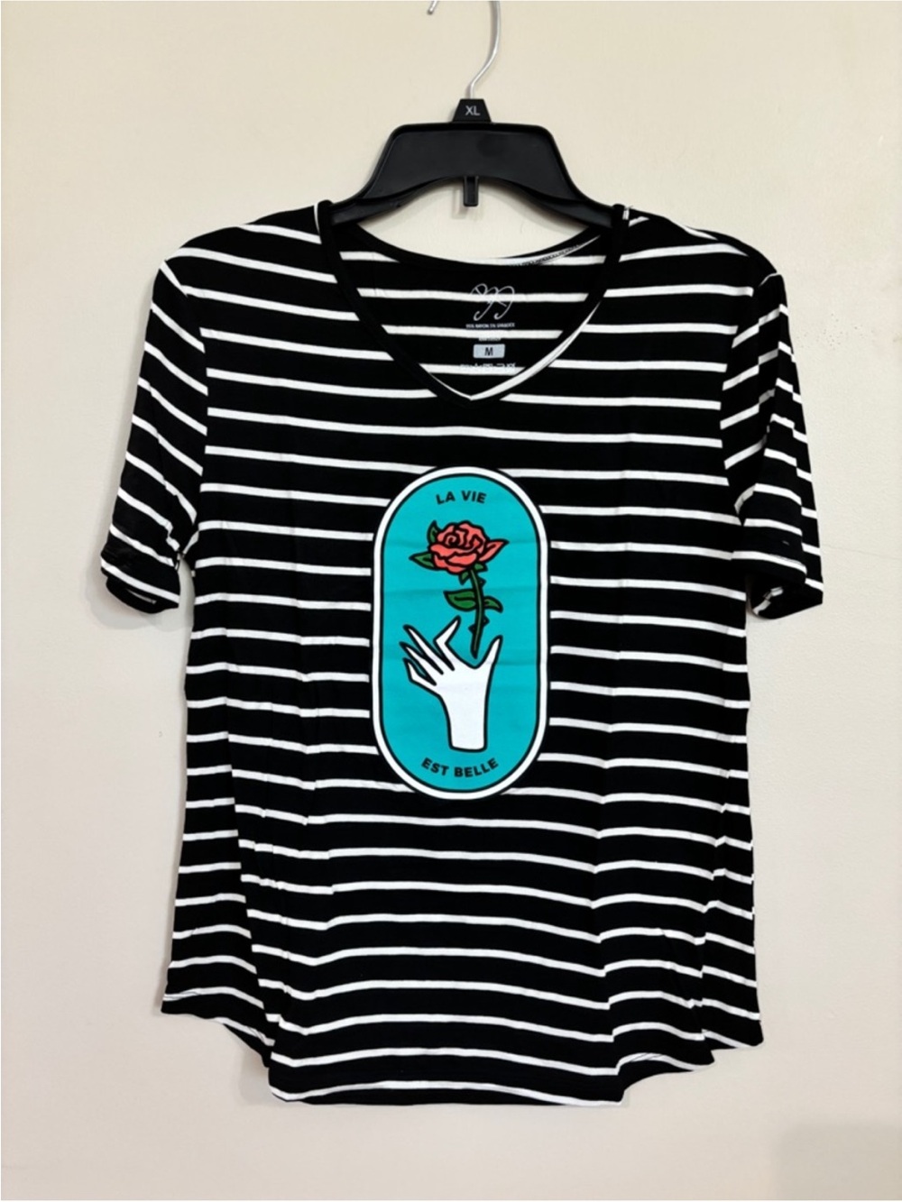 Striped Black & White V-neck Tee with Rose Graphic - Barbara Dunkleman - Picture 2 of 3